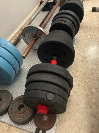 Set de Pesas, Discos y Banco de Entrenamiento