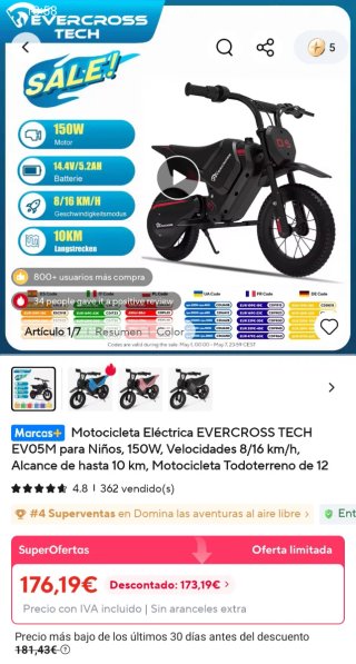 Moto Eléctrica EVERCROSS para Niños