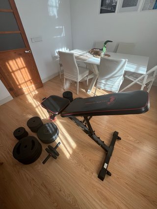 Banco de gimnasio, discos y mancuernas