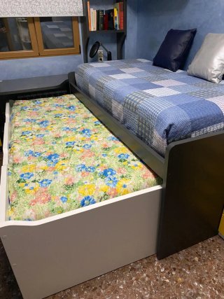 Cama nido, cajones, escritorio y estantería