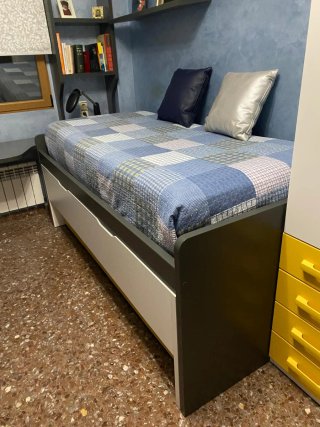 Cama nido, cajones, escritorio y estantería