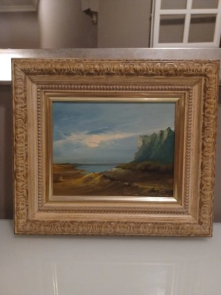 Cuadro paisaje costero al óleo con marco dorado (3