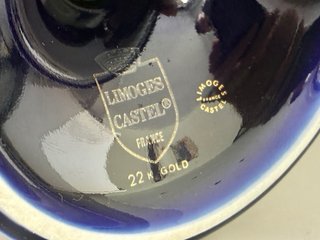 🇫🇷 Limoges Jarrón Porcelana Azul y Oro