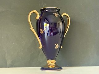 🇫🇷 Limoges Jarrón Porcelana Azul y Oro