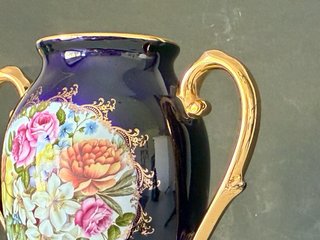 🇫🇷 Limoges Jarrón Porcelana Azul y Oro
