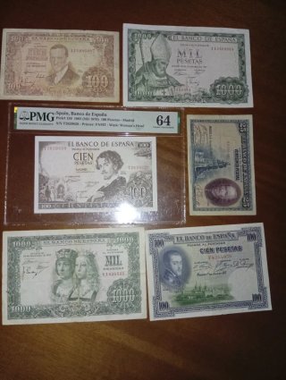 Lote 5 billetes españoles. Incluye PMG