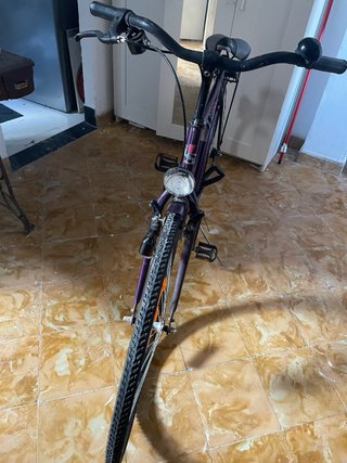 Bicicleta La Strada Morada. Rueda tracera pinchada