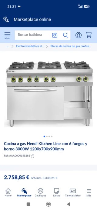 Cocina a Gas Hendi Kitchen Line 6 Fuegos y Horno