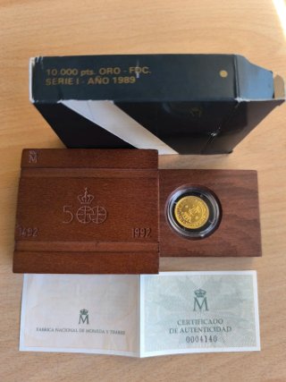 Moneda Oro 10.000 pesetas V Centenario 1989. FDC