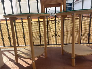 Conjunto 3 mesas auxiliares madera y cristal