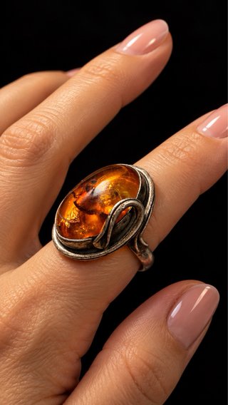 Anello Argento Massiccio con Ambra Grande