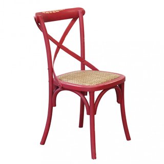 Sedia da Cucina Rossa in Legno Decapato e Rattan