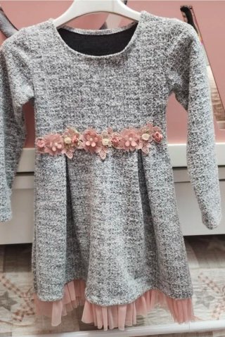Vestitino Bimba Grigio con Fiori, Taglia 4 Anni