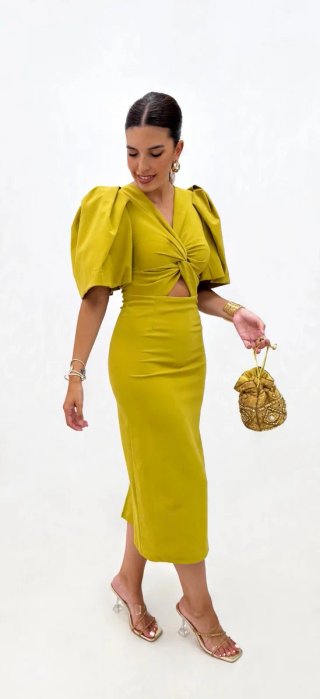 Vestido midi lima con mangas abullonadas