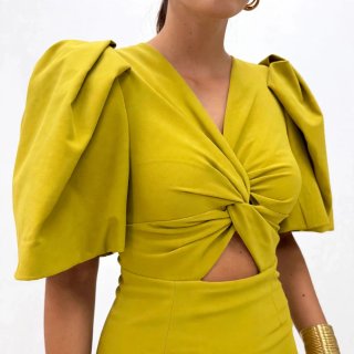 Vestido midi lima con mangas abullonadas