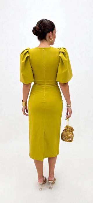 Vestido midi lima con mangas abullonadas