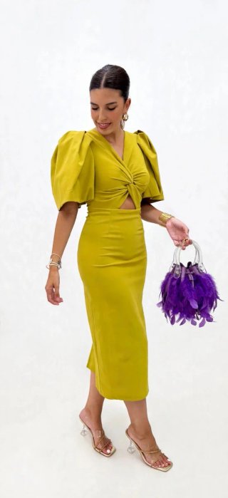 Vestido midi lima con mangas abullonadas
