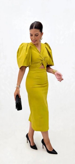 Vestido midi lima con mangas abullonadas