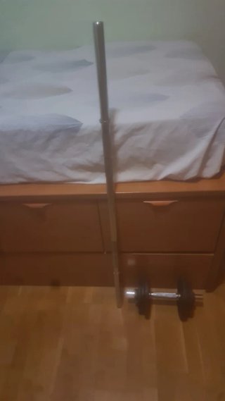 Barra y pesa de gimnasio