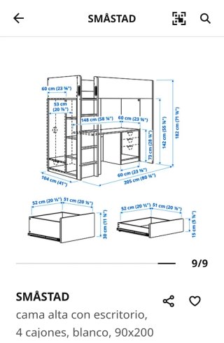 Cama Alta con Escritorio IKEA SMÅSTAD
