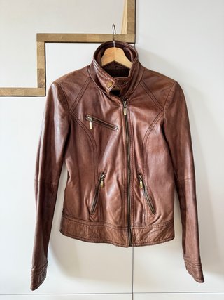 Cazadora biker de piel auténtica de Bershka
