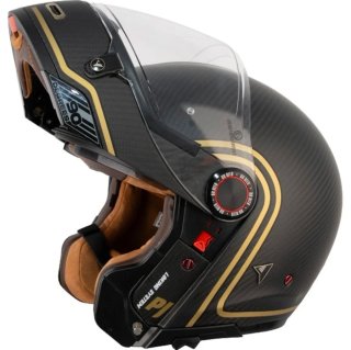 Casco de moto negro con detalles dorados talla XL
