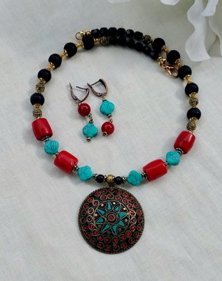 Collar,pendientes,bojo,étnicos,CORAL,Turquesas