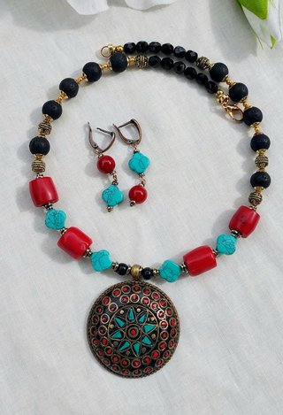 Collar,pendientes,bojo,étnicos,CORAL,Turquesas