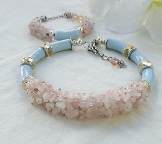 Collar y Pulsera Piedras CUARZO,Rosa y Tubs Azul