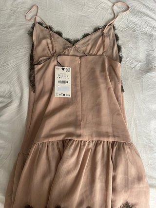 Vestido Zara gasa encaje rosa y marrón