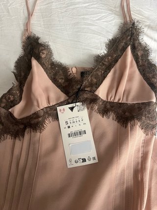 Vestido Zara gasa encaje rosa y marrón