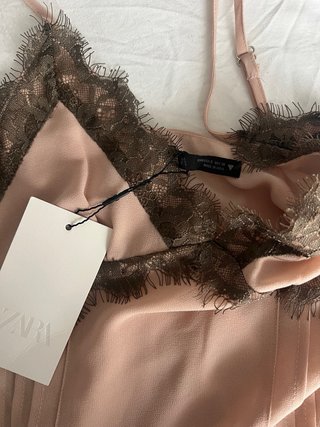 Vestido Zara gasa encaje rosa y marrón