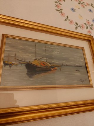 Dipinto olio marina con barche e cornice d'epoca