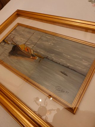 Dipinto olio marina con barche e cornice d'epoca