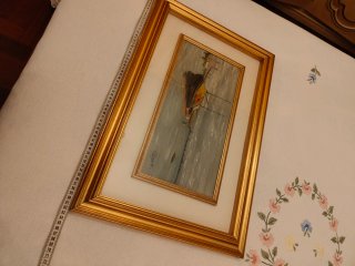 Dipinto olio marina con barche e cornice d'epoca