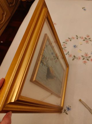 Dipinto olio marina con barche e cornice d'epoca