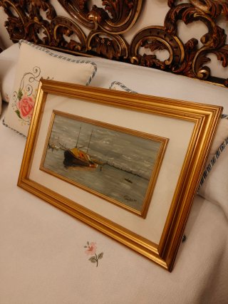 Dipinto olio marina con barche e cornice d'epoca