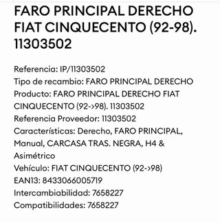 Faro Delantero Derecho Fiat Cinquecento 92-98