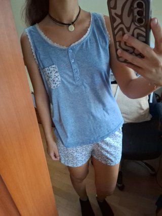 Pijama Verano Corto Azul Flores