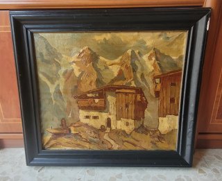 Pintura de paisaje de montaña con casas