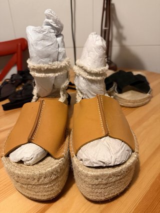Sandalias Zara Piel Esparto Marrones Talla 41