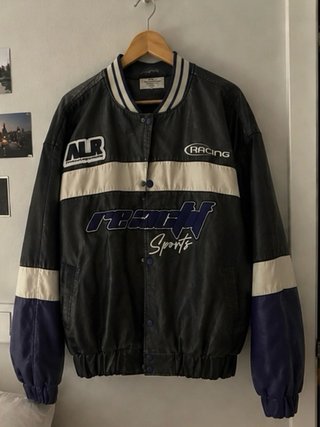 Chaqueta bomber racing negra y azul