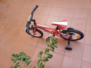 Bicicleta infantil roja con ruedines