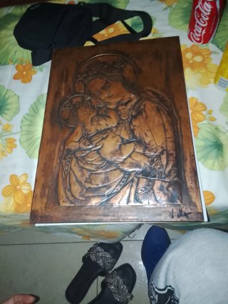 Cuadro de cobre antiguo Virgen y Niño