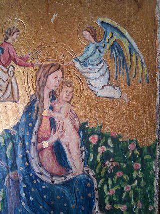 Dipinto sacro su legno antico 34x21 cm
