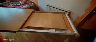 Conjunto mesa y 4 sillas madera y tela