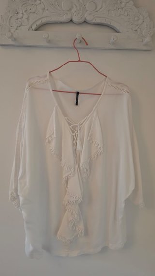 Blusa Lanidor Blanca Talla M Volantes Flecos