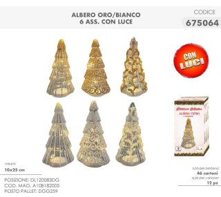 Albero Natale Vetro 25cm Oro/Bianco Con Luci