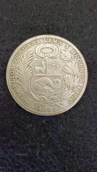 Moneda plata un sol peruano 5 décimos año 1925