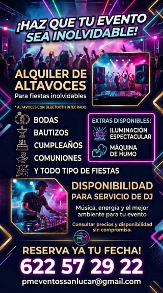 Alquiler de altavoces para eventos, DJ, luces humo